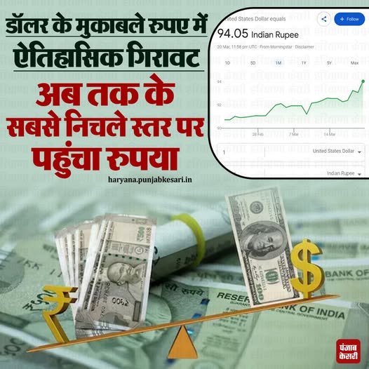 बड़ी खबर: डॉलर के मुकाबले रुपया रिकॉर्ड निचले स्तर पर, पहली बार 93 के पार
